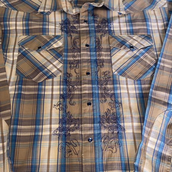 Vintage Wrangler Western Tan Embroidered Long Sleeve Blue Snap Button Shirt Sz L - Picture 9 of 16